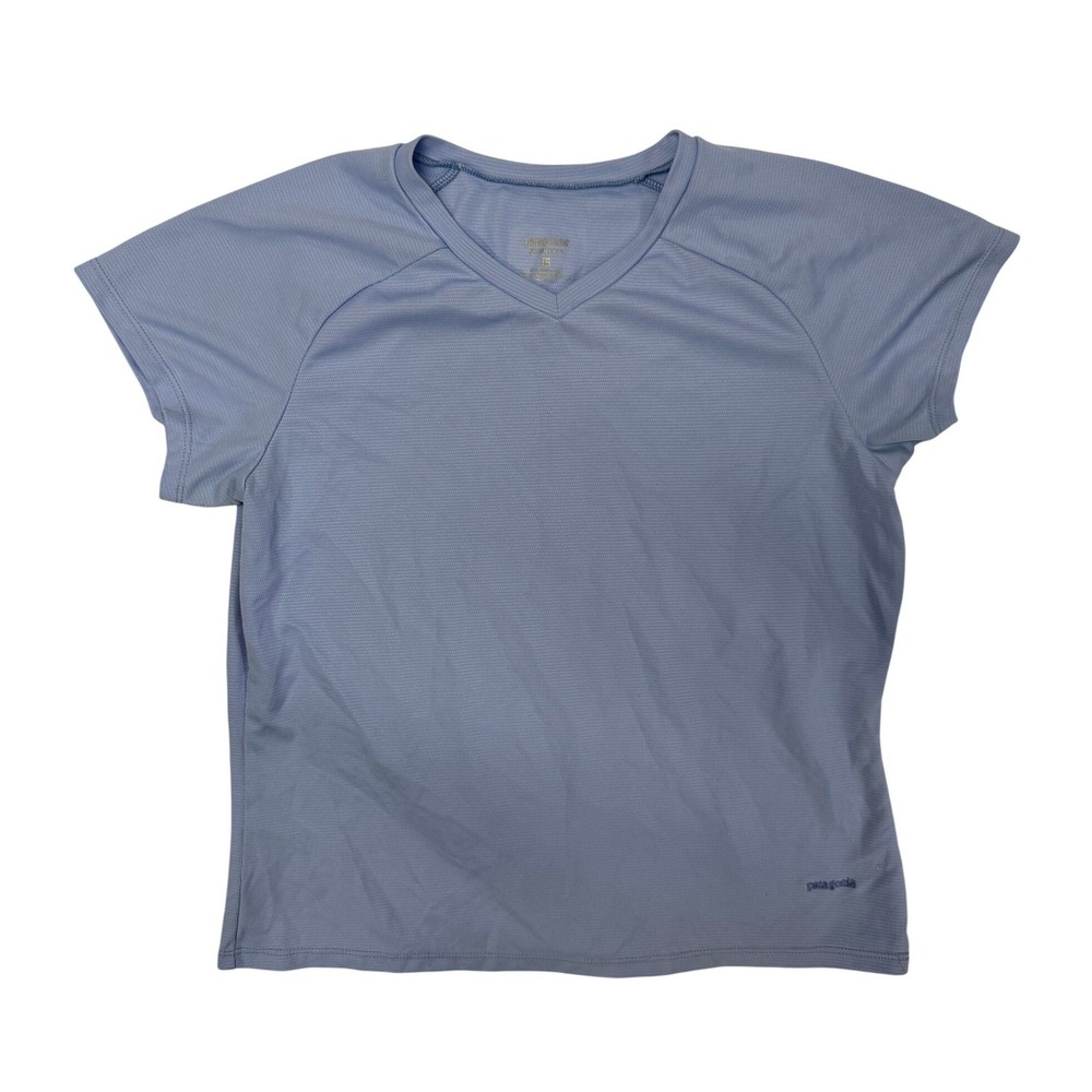 Patagonia Capilene Womens Large V-Neck Short Sleeve Performance Shirt Blue